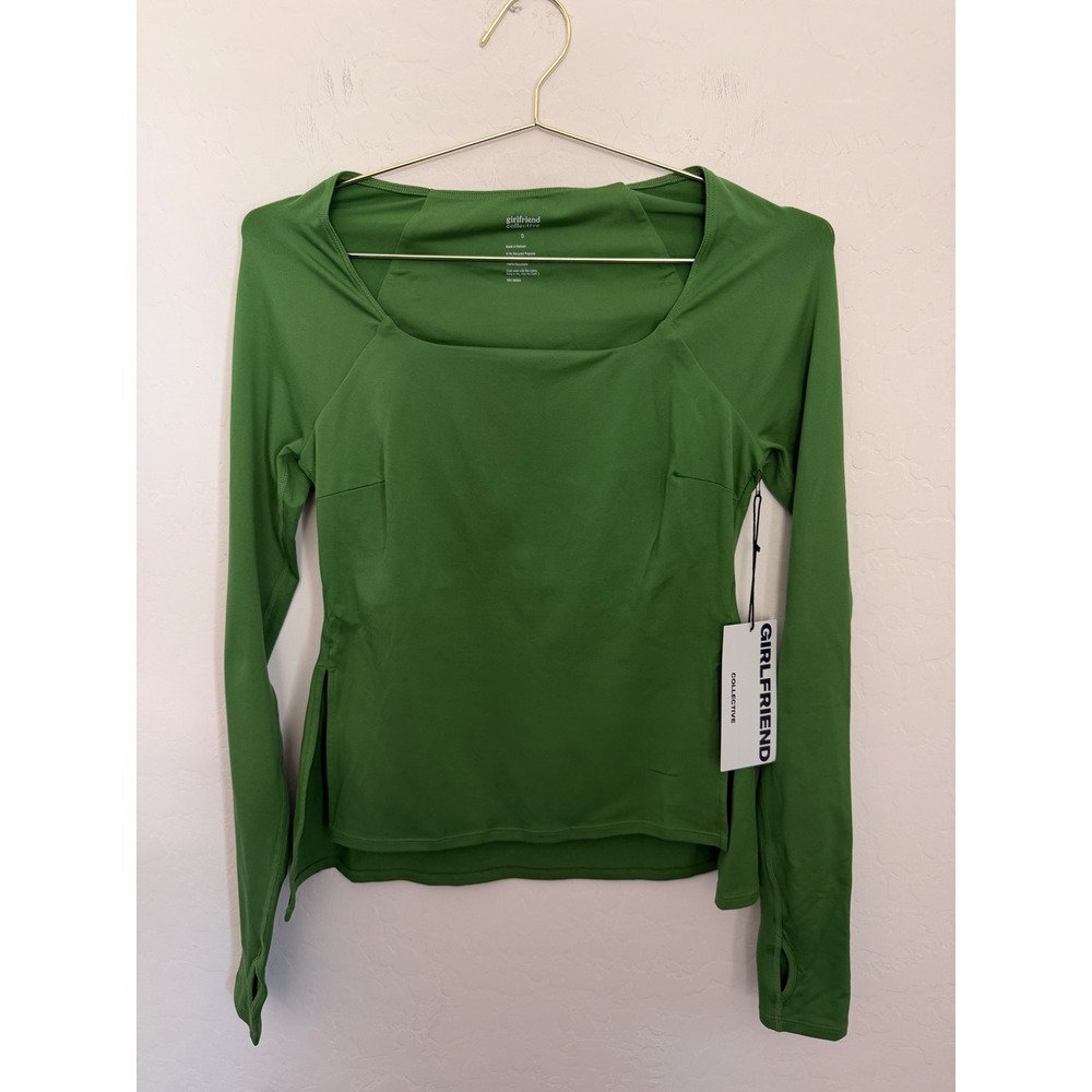 Girlfriend Collective Green Square Neck Long Sleeve Thumbhole Active Top Small